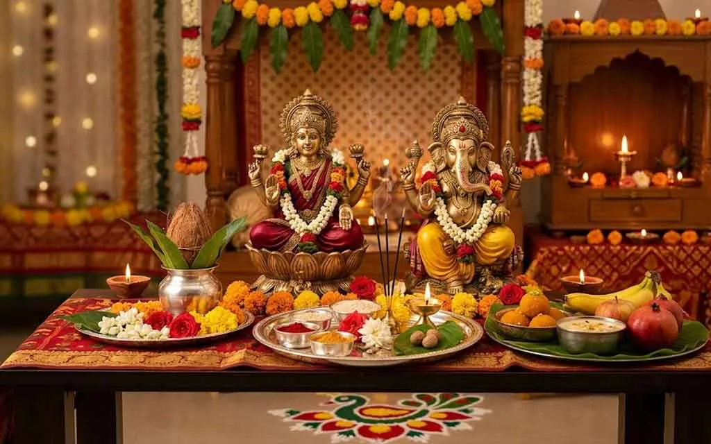 लक्ष्मी पूजा विधि 2026 — कथाओं, मंत्रों और मुहूर्त सहित संपूर्ण चरण-दर-चरण मार्गदर्शिका — पूजा, श्लोक और मंत्र